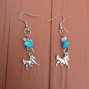 Silver Equestrian Horse Earrings with Blue Turquoise And Quartz Chip Accents